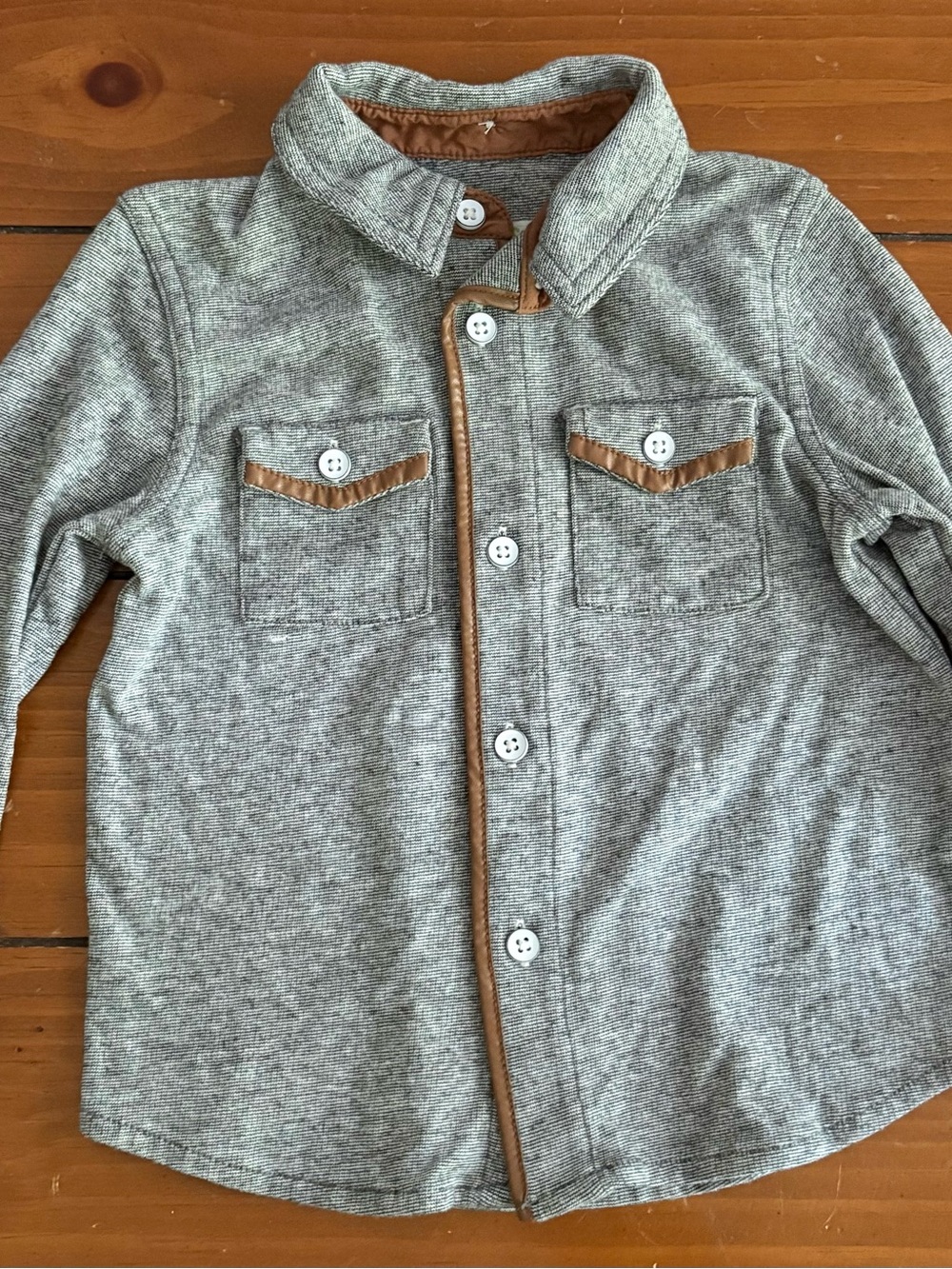 Kids Grey Button-Up Shirt with Brown Trim